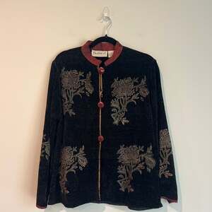 Vintage Flashback Black‎ Chenille Floral Art to Wear Jacket Boho Cardigan
